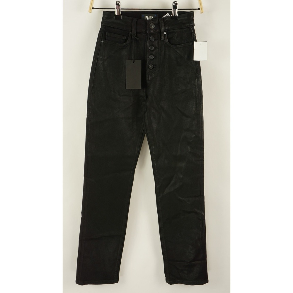 New Paige Accent Coated Faux Leather Jeans Womens 24 x 28 Black Straight Stretch